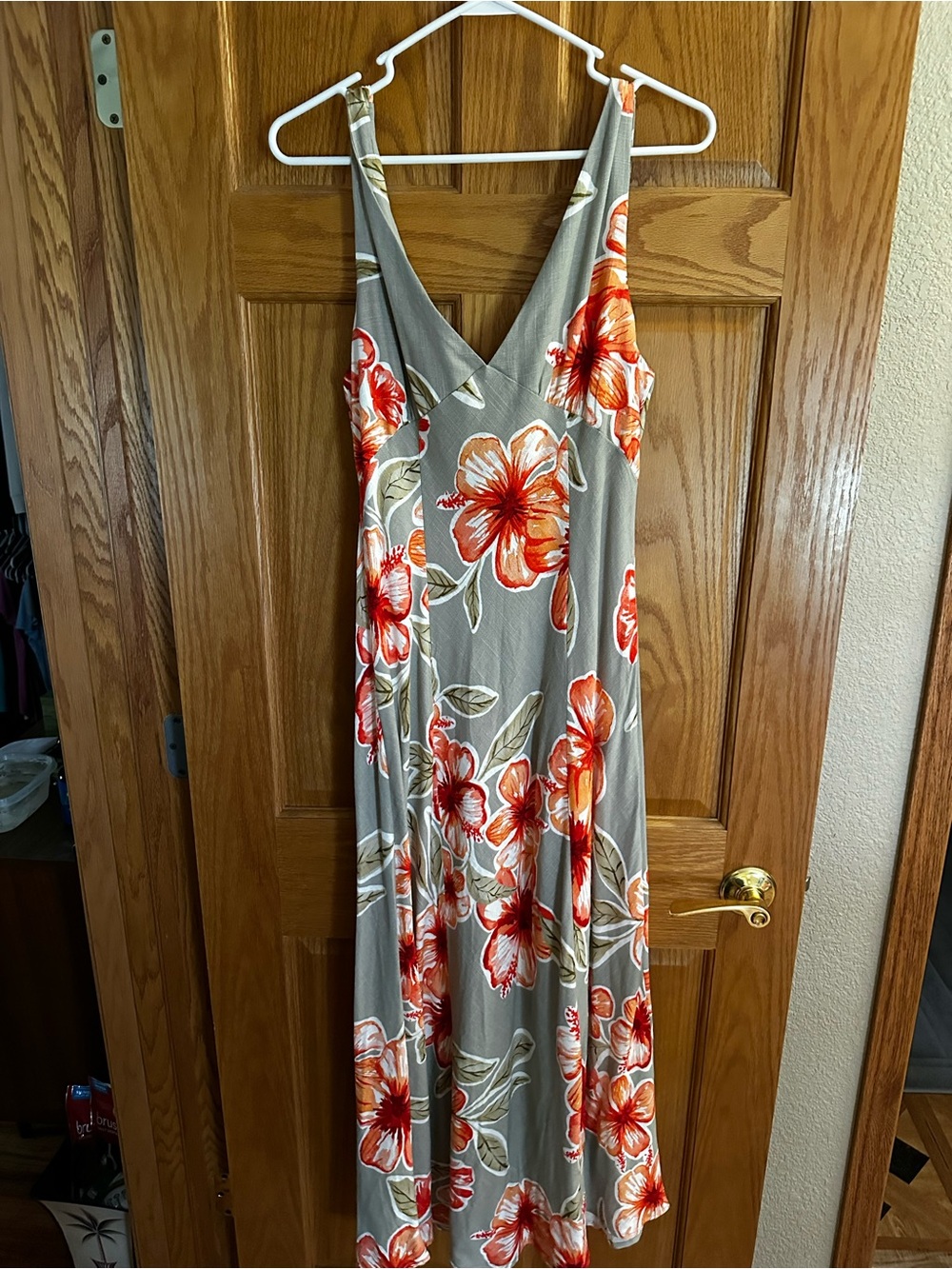 Sleeveless V-Neck Maxi Dress in Sage with Orange Floral Print